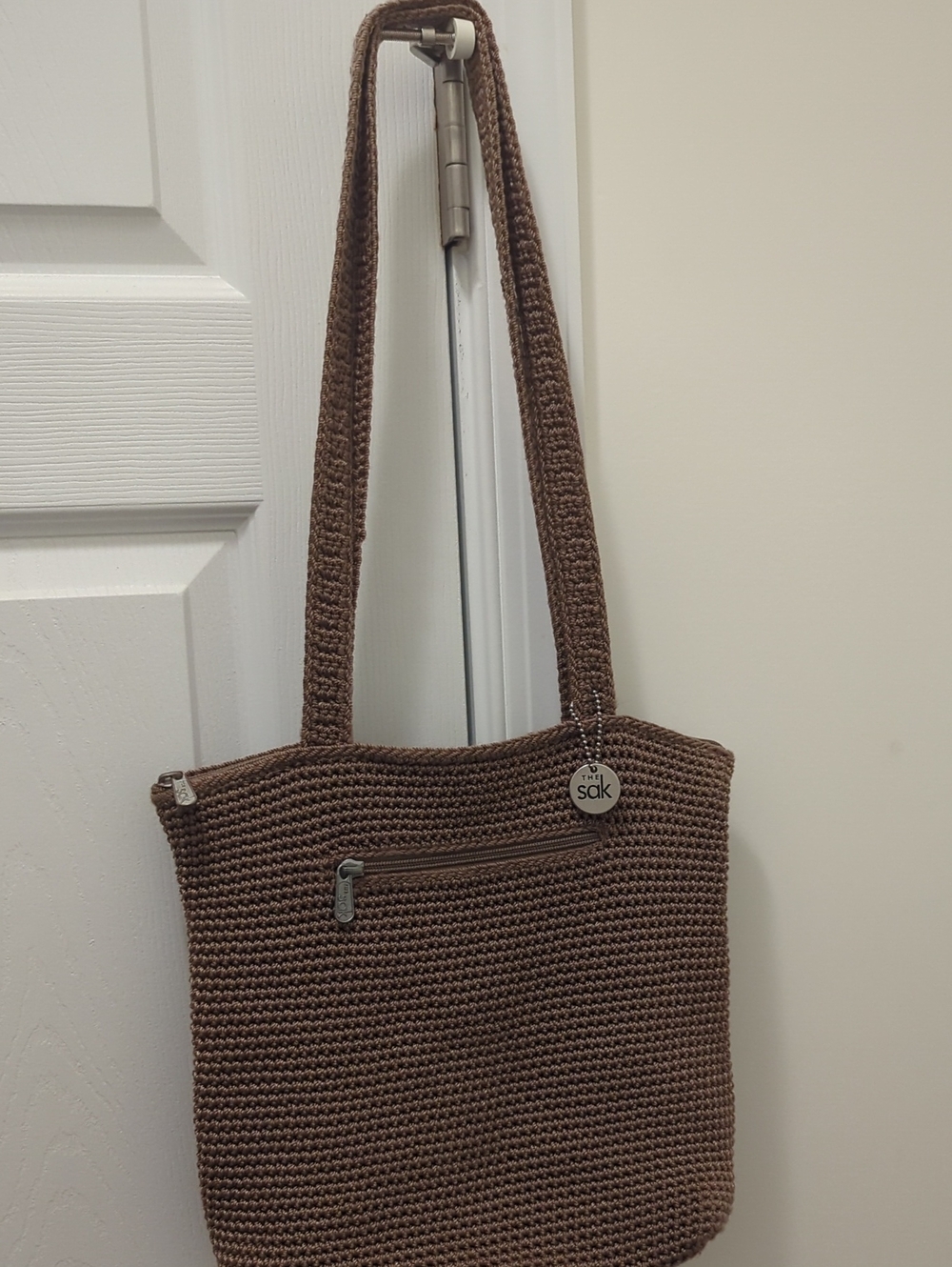 The Sak Brown Crochet Tote Bag with Front Zip Pocket